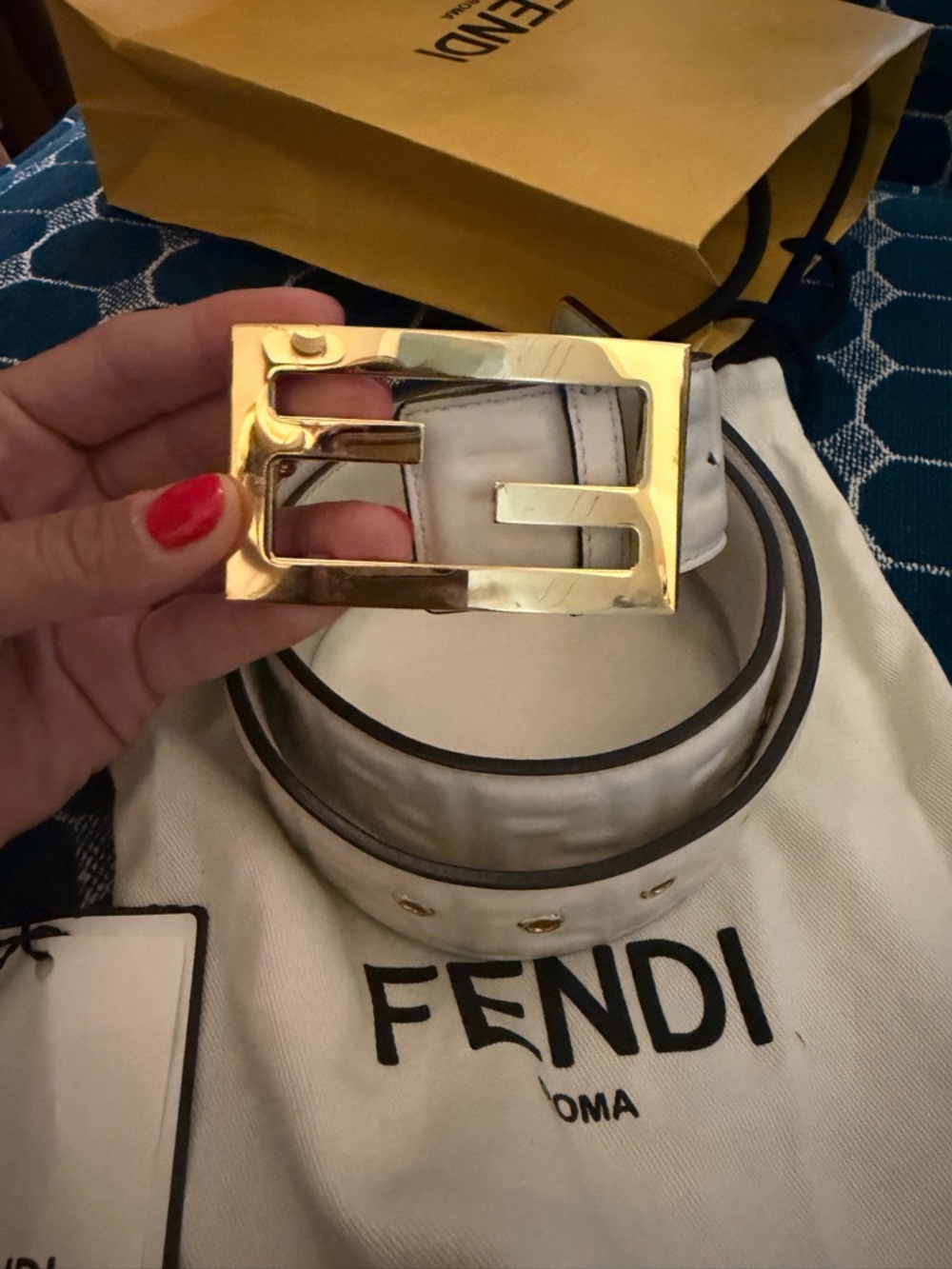 Fendi White Leather Belt with Gold FF-Style Buckle